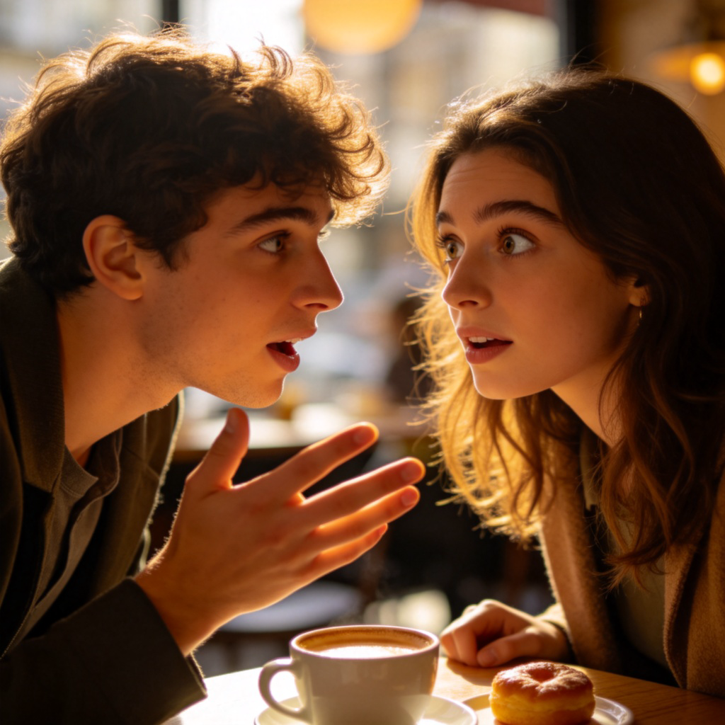 A close-up photo of two friends sitting at a cozy cafe table. One person is leaning forward, speaking with an expressive hand gesture, clearly ‘telling’ something interesting. The other person is listening intently, eyes wide with curiosity. Soft natural light, focus on their faces and interaction. No text.