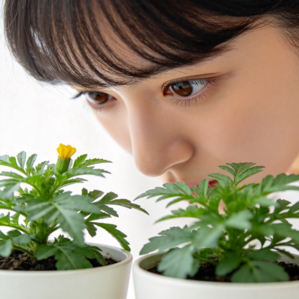 A person is carefully examining two potted plants with very similar green leaves, trying to ‘tell’ them apart. One plant has a tiny yellow flower. Close-up on the person's focused eyes and the subtle difference between the two plants. Clean, bright background. No text.