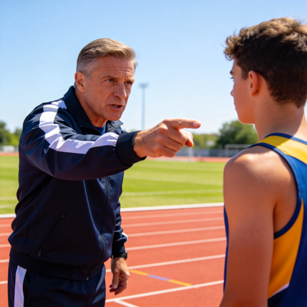 A sports coach in a tracksuit is pointing firmly towards the running track, clearly ‘telling’ or instructing a young athlete who is listening attentively. The coach's posture is authoritative. They are on a sunny sports field. Action shot, clear and direct. No text.