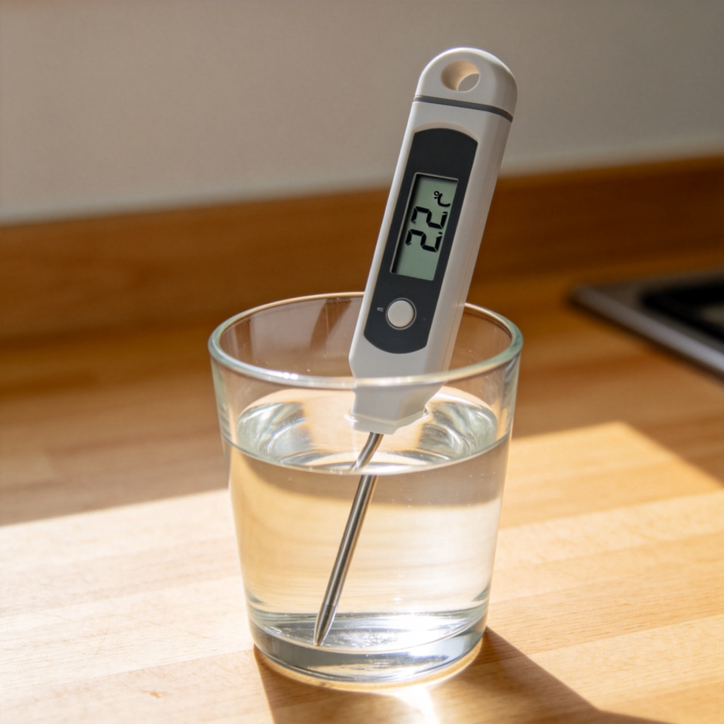 A close-up shot of a digital kitchen thermometer inserted into a glass of clear water. The numbers on the display clearly read '22°C'. The background is a plain wooden kitchen countertop. The image is sharp, well-lit, and focuses entirely on the thermometer and the water. No people, text, or logos are visible.