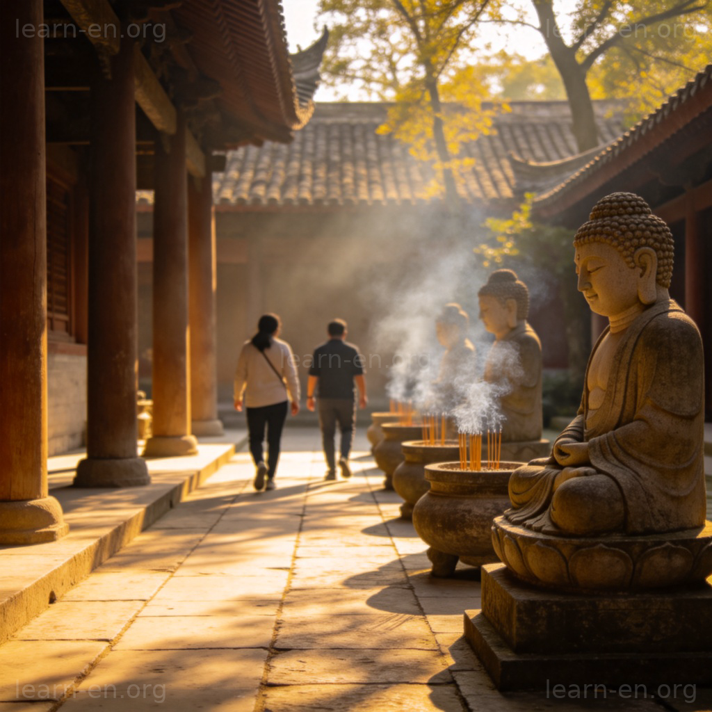 Temple visit 场景图解：游客在阳光庭院中安静参观寺庙