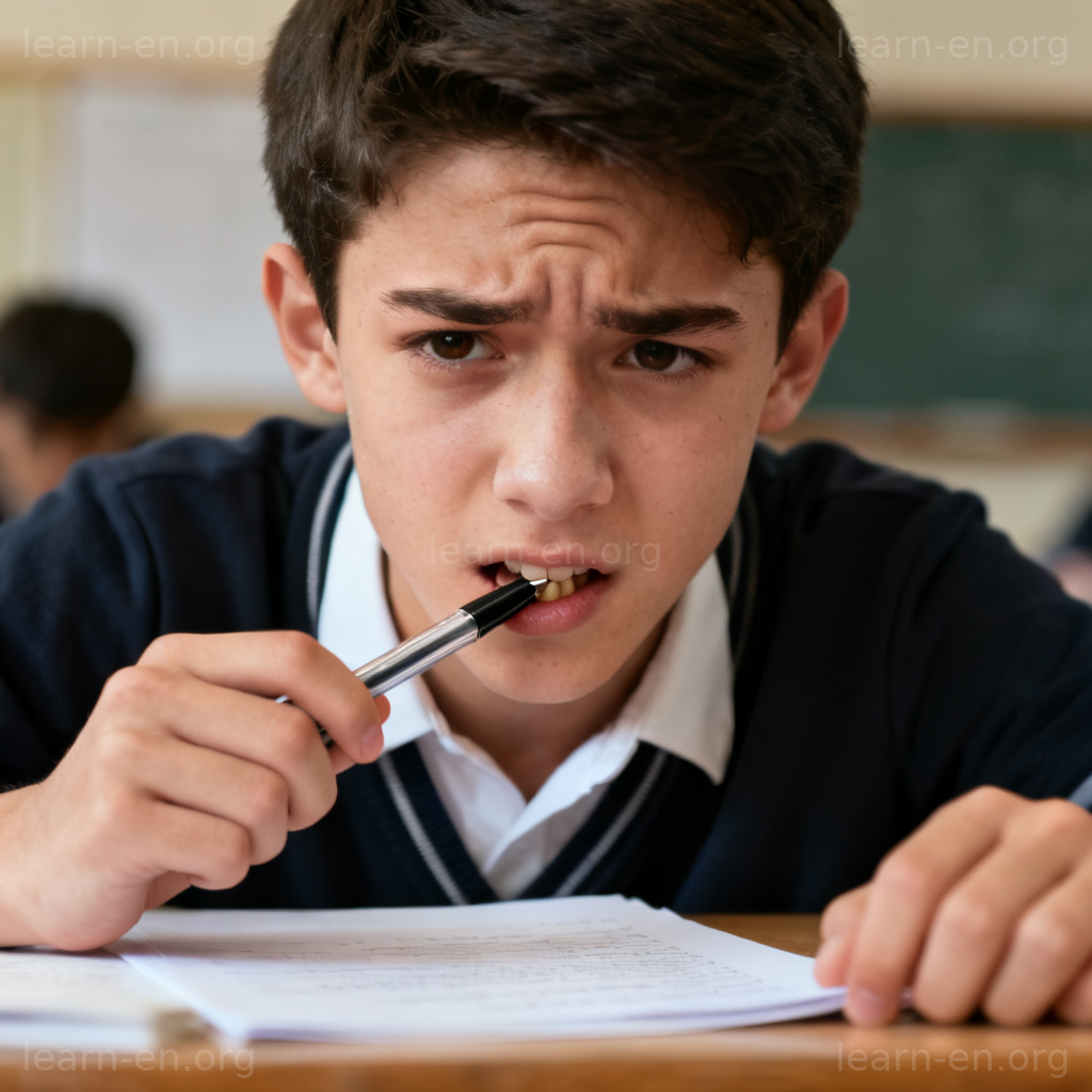 Tense student biting pen before exam, anxious expression