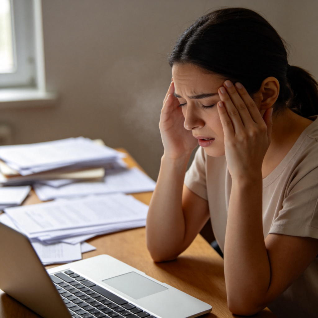 A person sitting at a desk, taking a deep breath and rubbing their temples, looking stressed. In the background, a messy desk with papers and a laptop. Soft, natural lighting, focus on the person's worried expression and tense shoulders. No text.