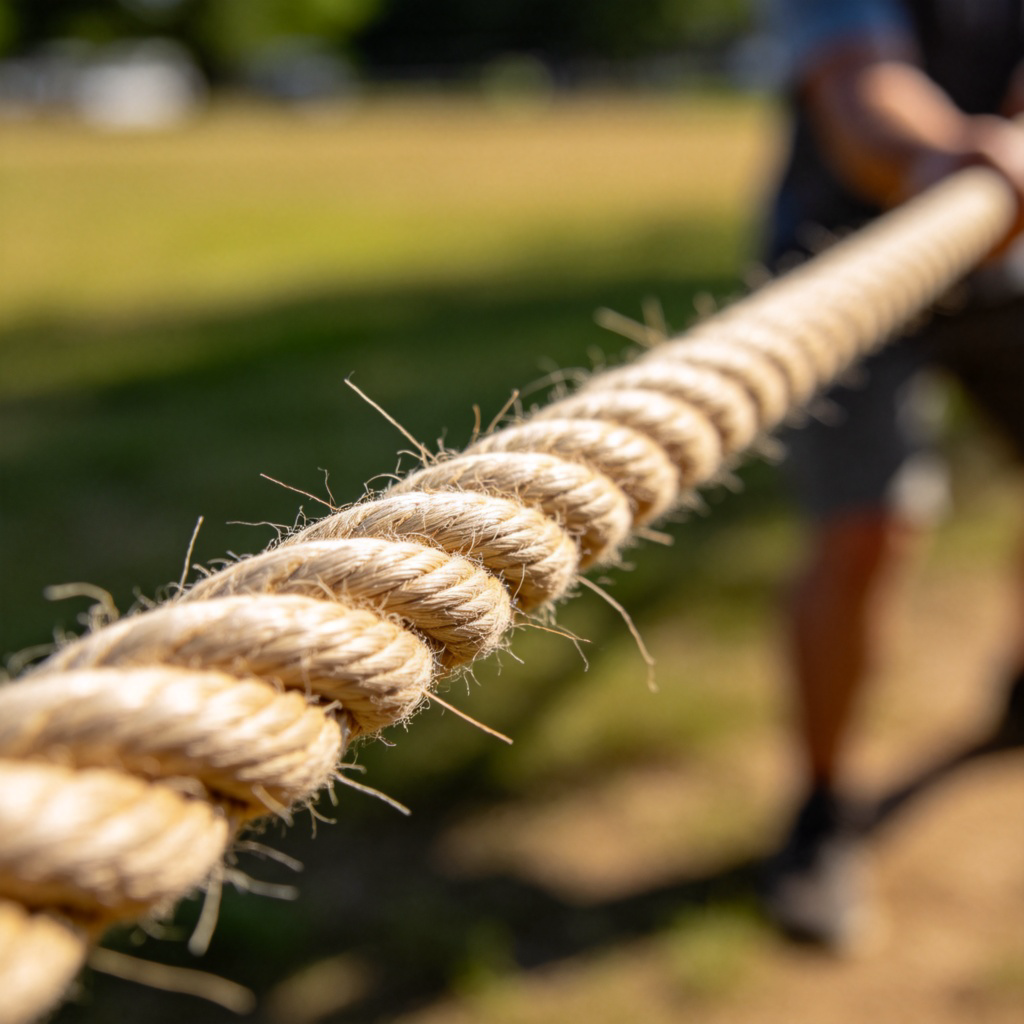 A close-up shot of a thick rope being pulled taut in a tug-of-war game. The fibers of the rope are visible and straight. The background is blurred, highlighting the strained, straight line of the rope. Daylight, sharp focus. No text.