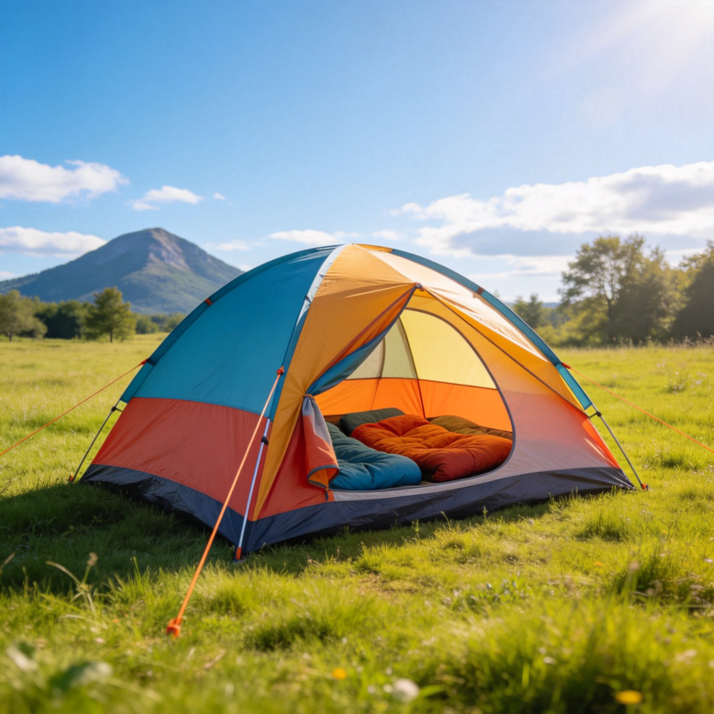 Tent 帐篷图解：阳光森林空地中的橙色帐篷与野餐场景