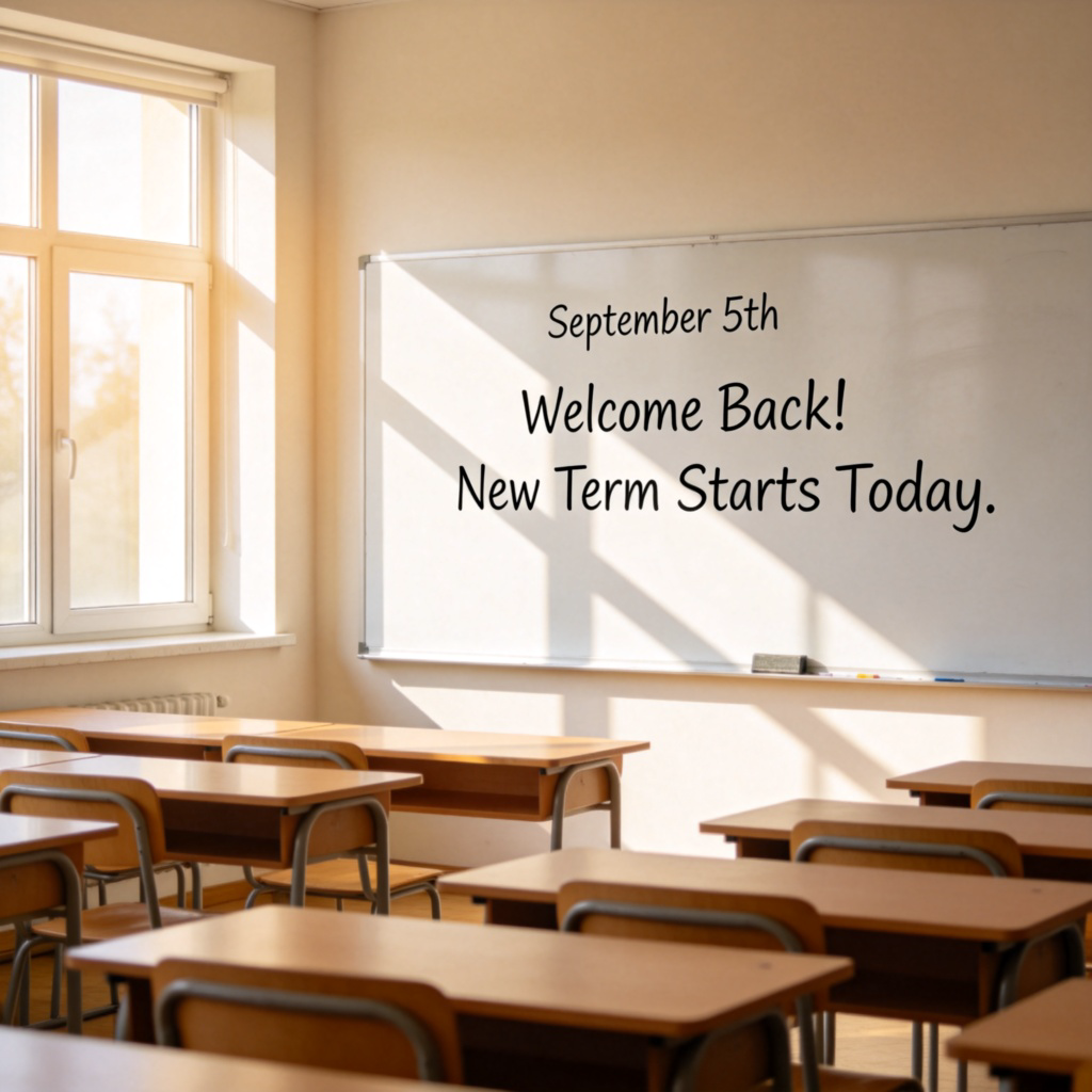 A clean, well-lit classroom with a large whiteboard at the front. On the whiteboard, the date "September 5th" is written neatly next to the words "Welcome Back! New Term Starts Today." Desks are empty and ready for students. Bright morning light streams through the window. Focus on the whiteboard message. No people, no text in the image besides the whiteboard writing.