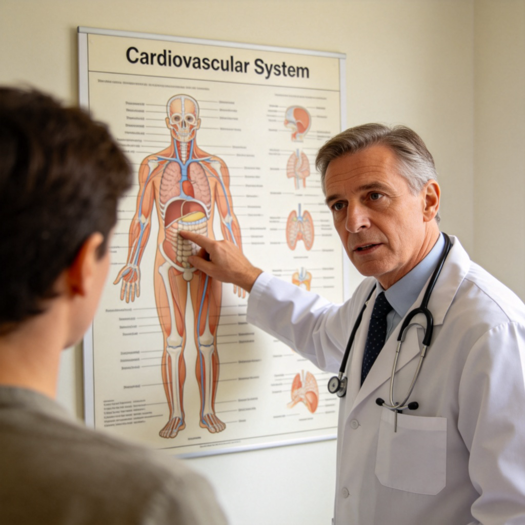 A close-up shot of a doctor in a white coat pointing to a detailed anatomical chart on the wall. The doctor is looking at a patient and gesturing towards a specific part of the chart labeled "Cardiovascular System." The scene is professional and educational, set in a clinic consultation room. Focus on the interaction and the detailed chart.