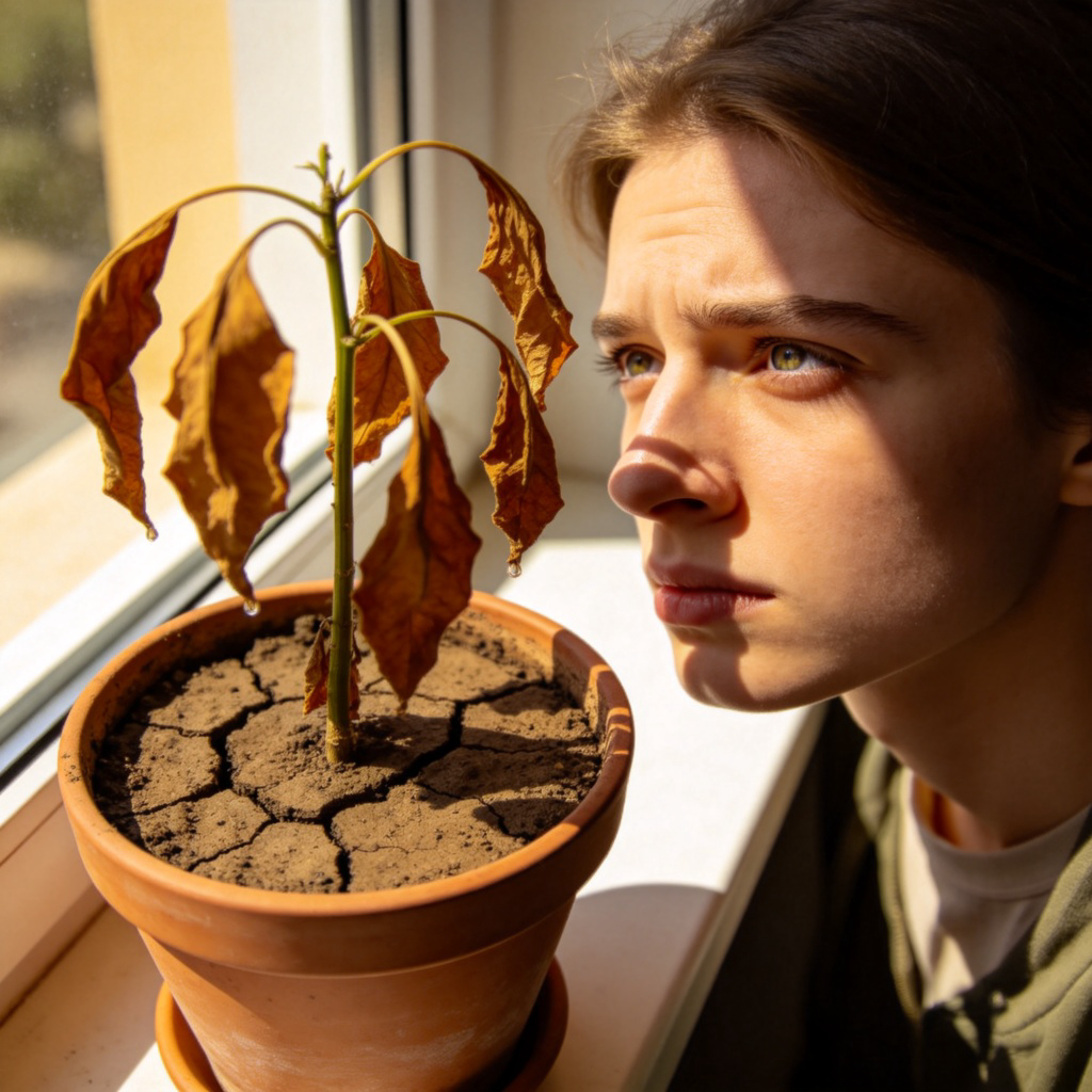 A person looking disappointed, standing next to a wilting potted plant on a sunny windowsill. The soil is dry and cracked, the leaves are brown and drooping. Plain background, natural light, focus on the plant and person's disappointed expression. No text.