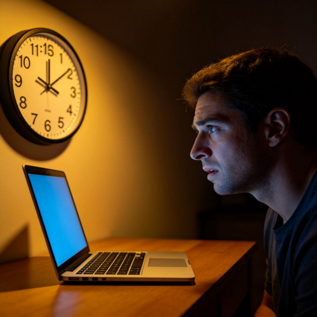 A person with a deeply concerned expression, looking at a clock on the wall showing it is very late at night. They are sitting at a desk with an open laptop. Warm, dim lighting, focus on the person's worried face and the time on the clock. No text.