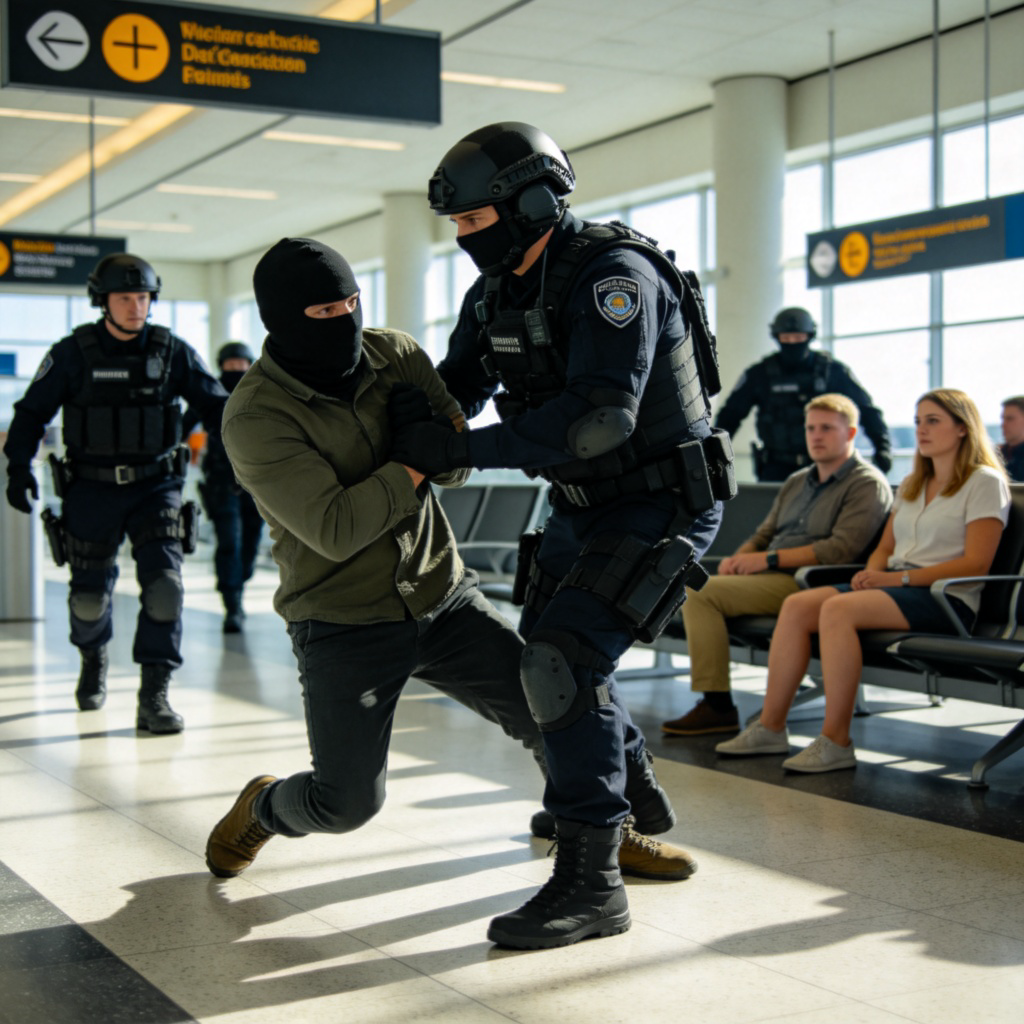 A dramatic security drill scene in an airport. A masked actor playing a suspicious character is being subdued by a special police officer in tactical gear. Other officers are evacuating calm but alert-looking passengers in the background. The focus is on the tense, controlled action of the takedown, not on graphic violence. Daylight, realistic style.