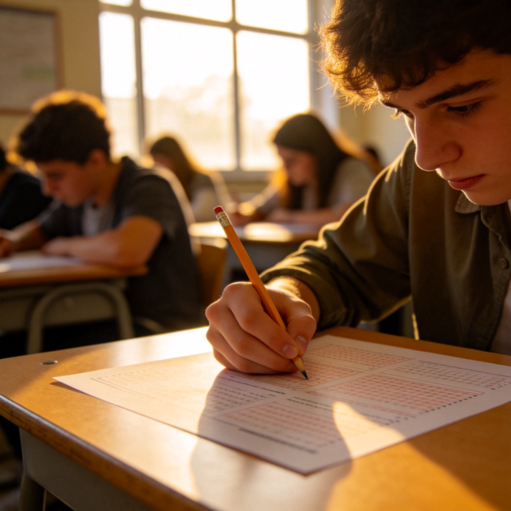 A focused student sitting at a desk in a classroom, writing on a test paper with a pencil. Other students are also seen in the background. Natural lighting from the window. Sharp focus on the paper and the student's hand. No text or logos.