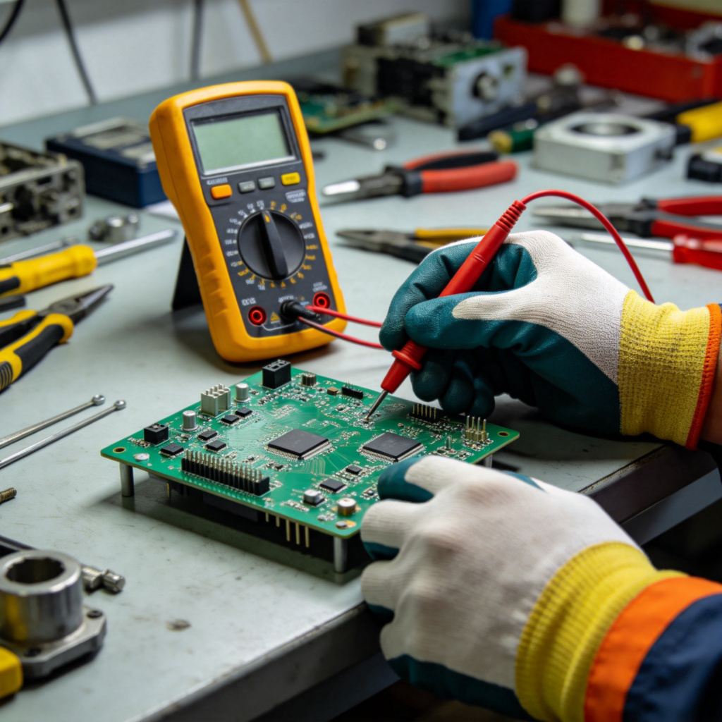 A close-up of an engineer's hands wearing safety gloves, using a multimeter to test the voltage of a circuit board on a workbench. Various technical tools are in the background. Studio lighting, clear and detailed. No text or numbers visible.