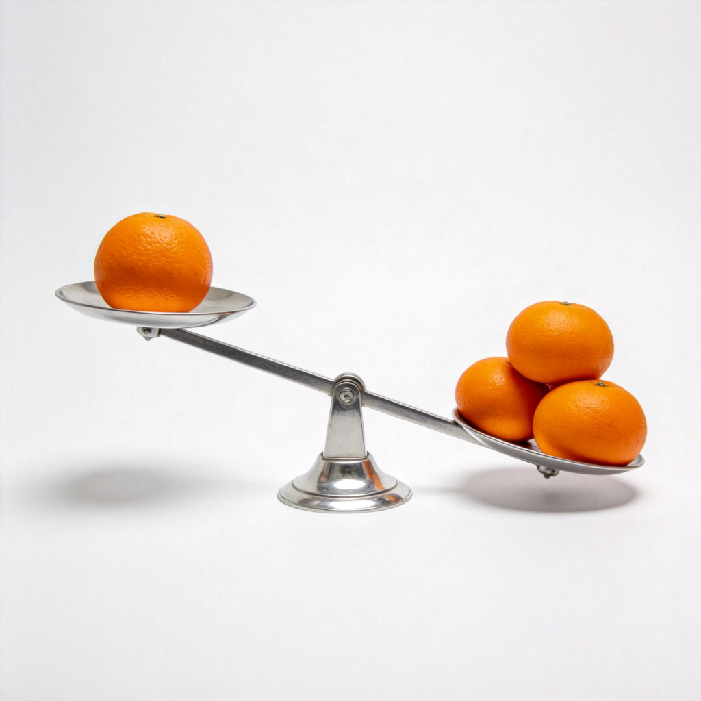 A simple, clean image of a classic balance scale. On the left side of the scale, there is one orange. On the right side, there are three oranges, clearly causing that side to dip lower. The background is plain white. No text, numbers, or logos.