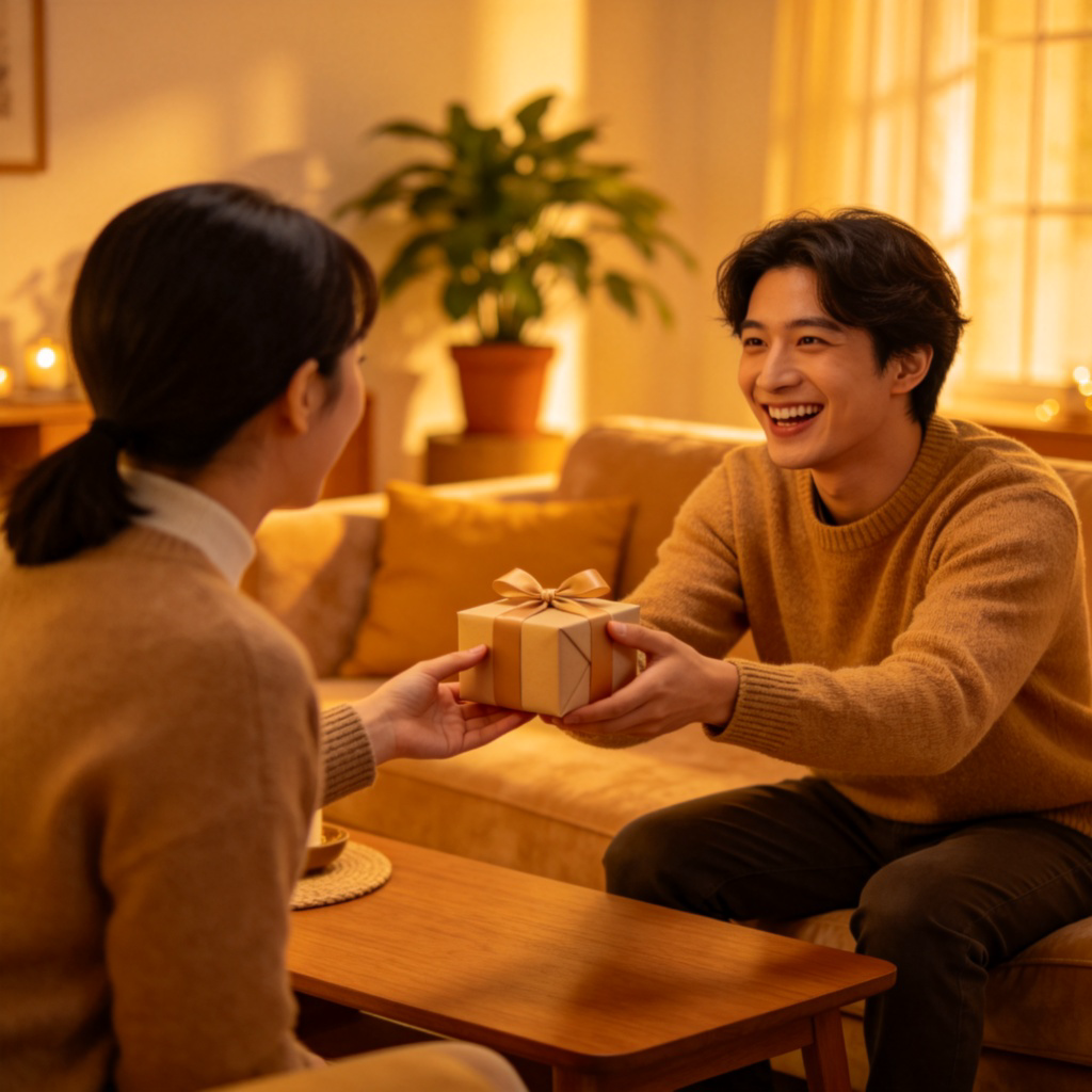 A cheerful person with a big smile, holding a small wrapped gift in their hands, offering it to another person. The receiver looks happy and is reaching out to accept it. They are in a cozy, warmly lit living room. Focus on the friendly interaction and the gift exchange. No text.