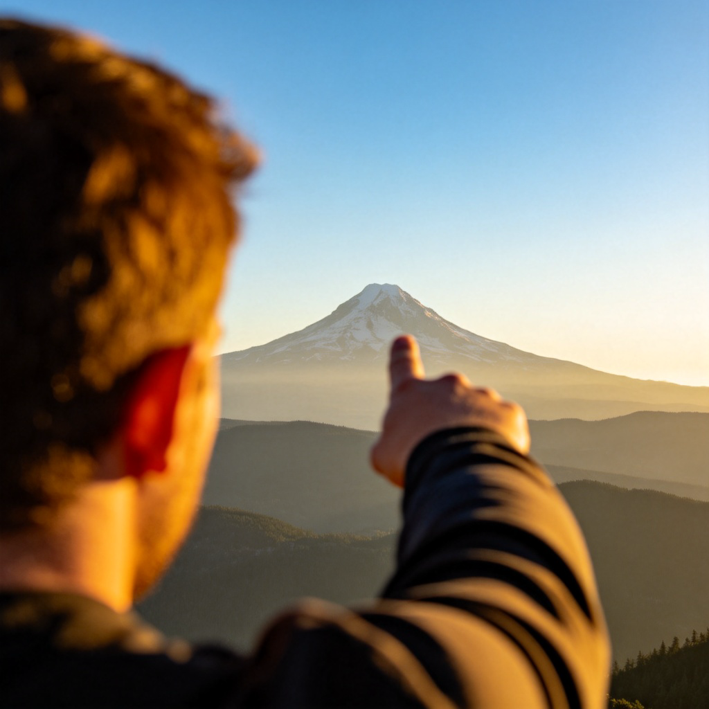 A person is pointing with their index finger towards a distant mountain peak on the horizon. The person is in the foreground, slightly out of focus, while the pointed-at mountain is clear and distinct under a blue sky. The gesture is direct and unambiguous.