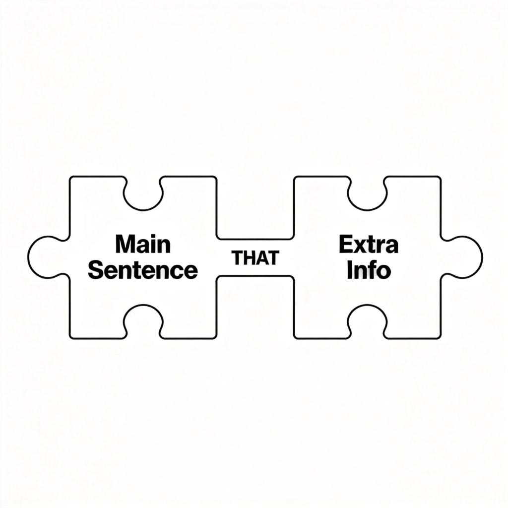 A simple, clear diagram showing two puzzle pieces connecting. The left piece has the words 'Main Sentence' on it, the right piece has 'Extra Info', and a small, bold word 'THAT' is written on the connector tab between them, highlighting its role as a link. The background is plain white.
