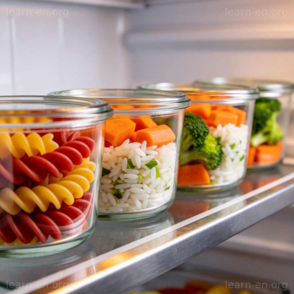 leftovers 图解：冰箱里整齐摆放的剩饭玻璃容器