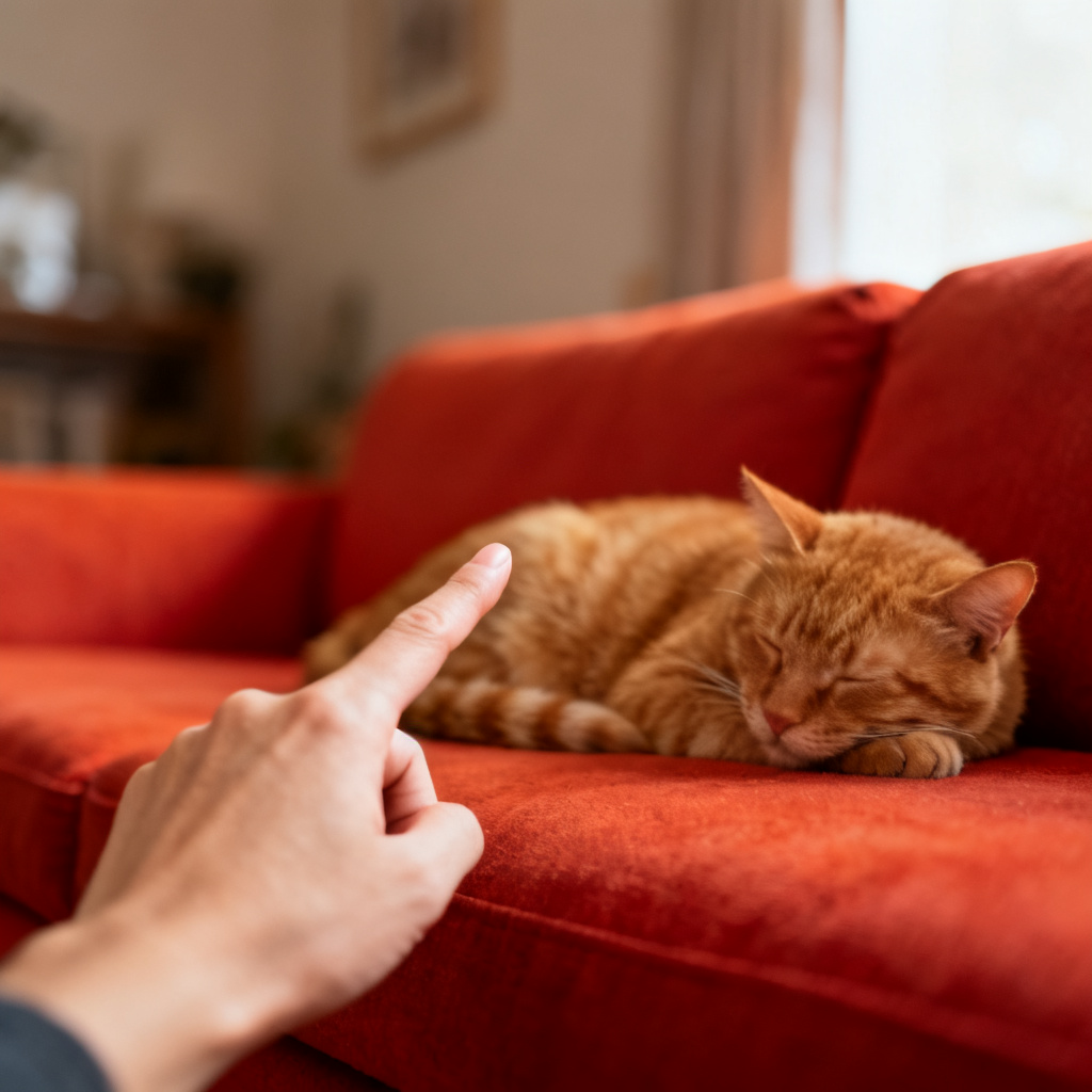 A person's hand pointing directly at a specific orange cat napping on a red sofa. The finger points clearly towards the cat. The rest of the room is slightly blurred, making the cat and the pointing gesture the clear focus of the image. Natural indoor lighting.
