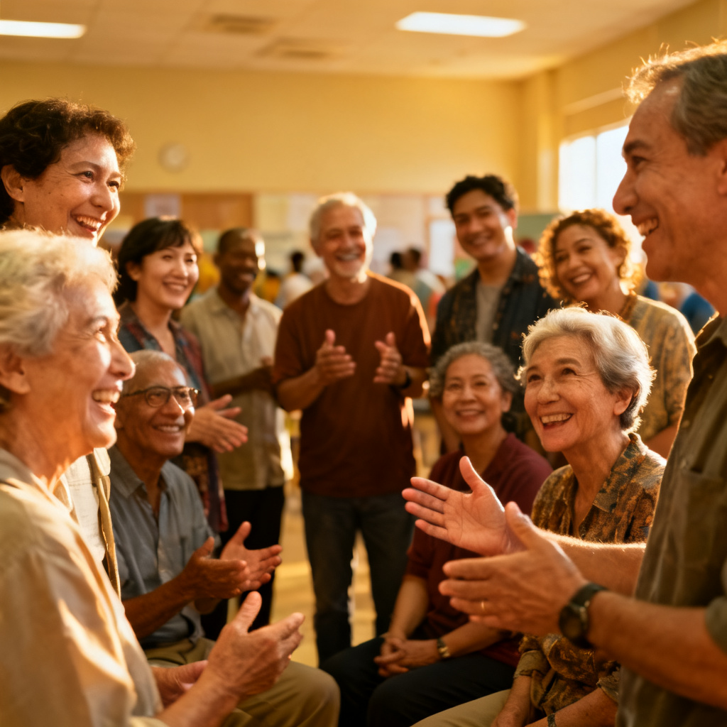 A diverse group of people of different ages smiling and talking together in a community center. The focus is on their interaction as a group, symbolizing a social category like 'the community' or 'the public'. Warm, friendly atmosphere, no text.