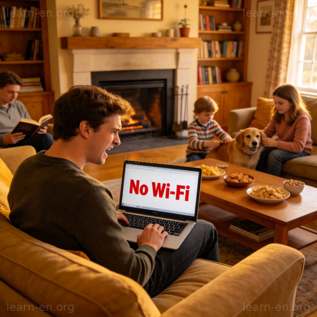 The Wi-Fi is down 图解：客厅中人物因笔记本电脑无信号而沮丧