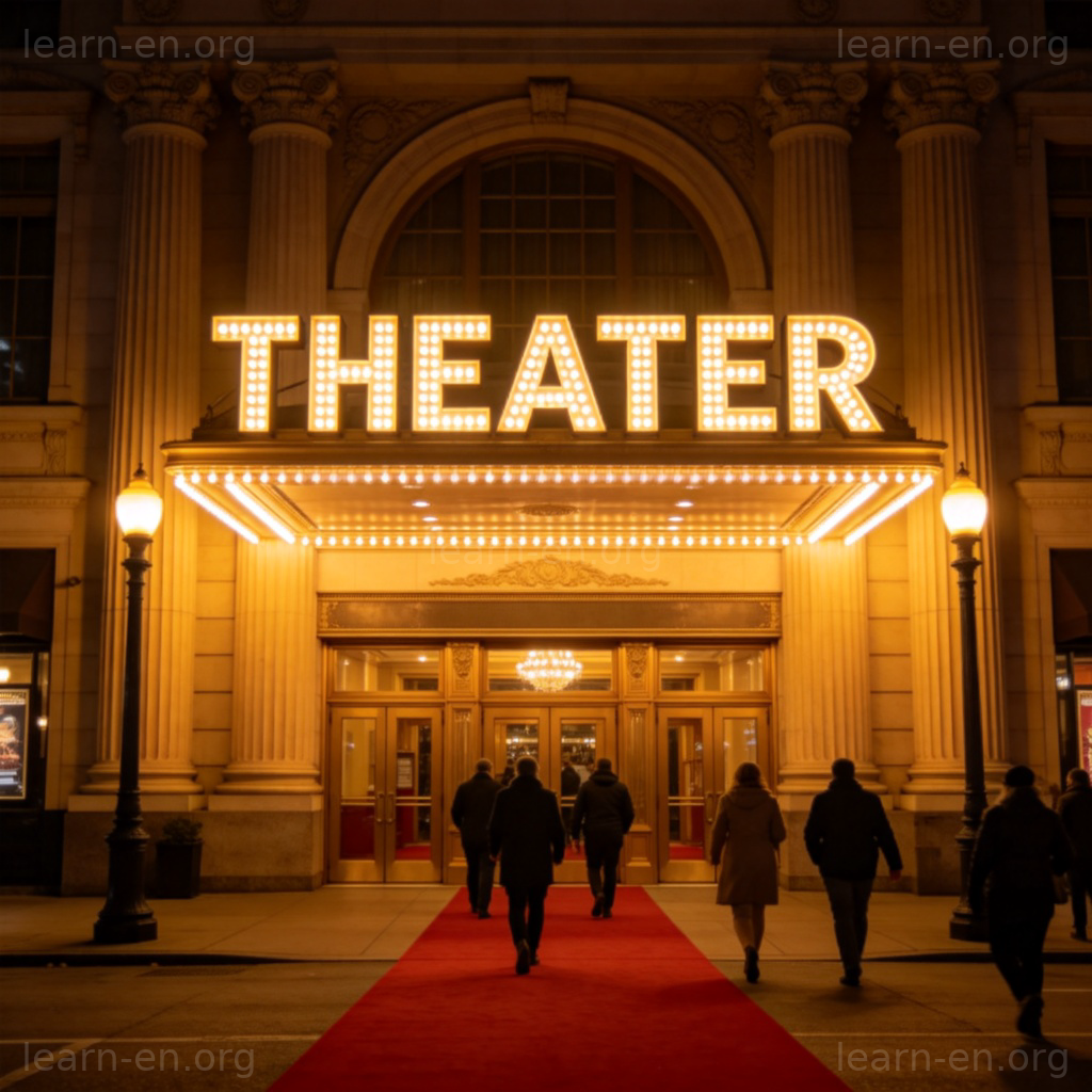 Classic theater building exterior with lit marquee at night