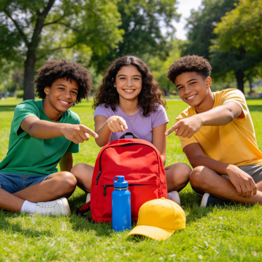 A diverse group of three friends, two boys and one girl, sitting together on a green lawn in a park. They are smiling and pointing towards a small pile of personal items in front of them: a red backpack, a blue water bottle, and a yellow baseball cap. The sunny day provides bright, natural lighting, with trees and grass in the background. The focus is on the items and the friends' gestures, clearly indicating ownership. No text or logos are visible.