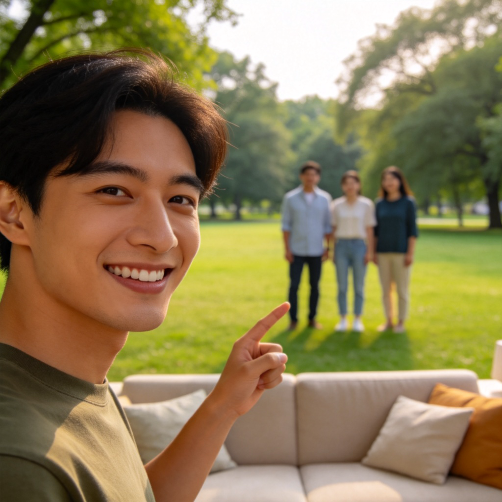 A person is smiling and pointing towards three other people who are standing together a short distance away, perhaps in a park or a living room. The scene clearly shows one individual identifying a group. The focus is on the act of referring to the group. Natural lighting, clear and simple composition. No text.