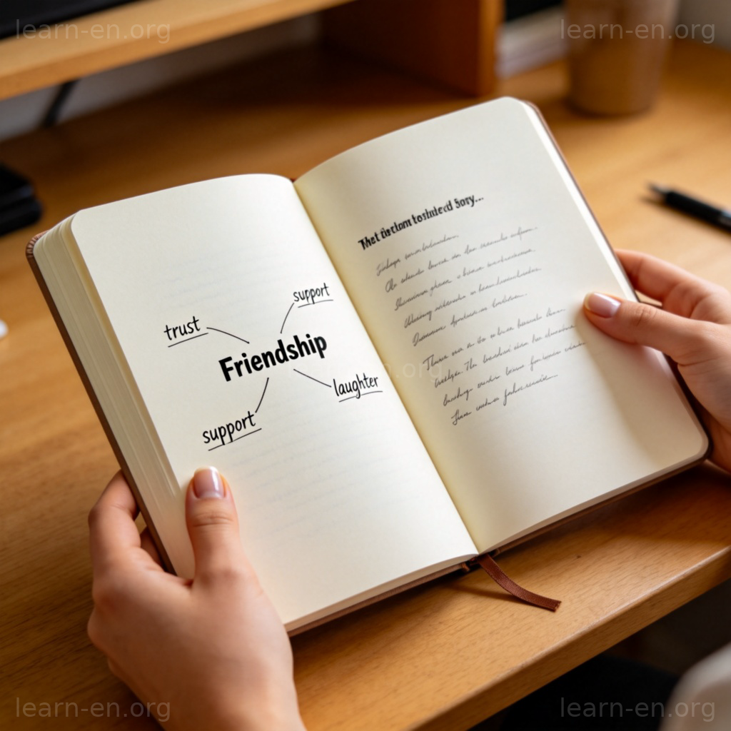 theme 主题图解：笔记本上的思维导图，中心词为友谊