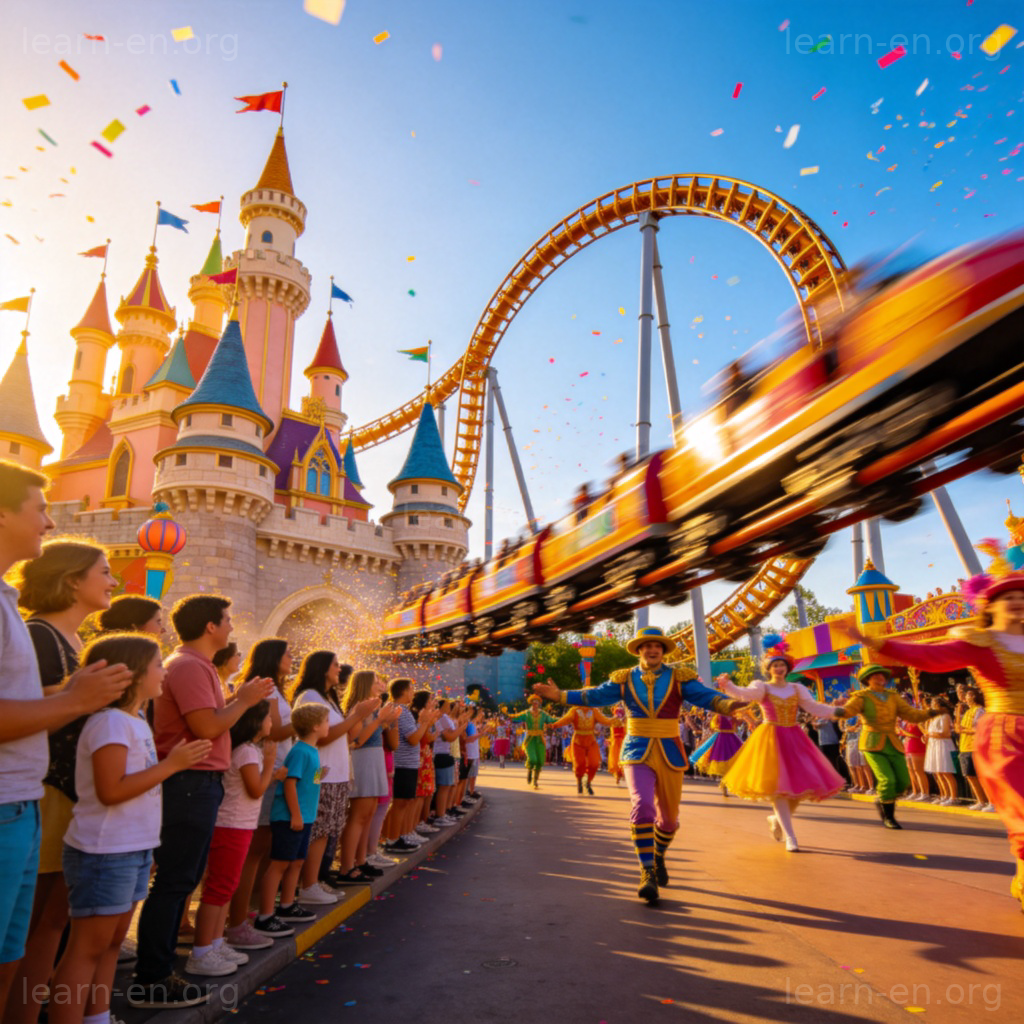 Theme Park 主题公园场景图解：色彩缤纷的城堡、过山车和欢乐的家庭游行