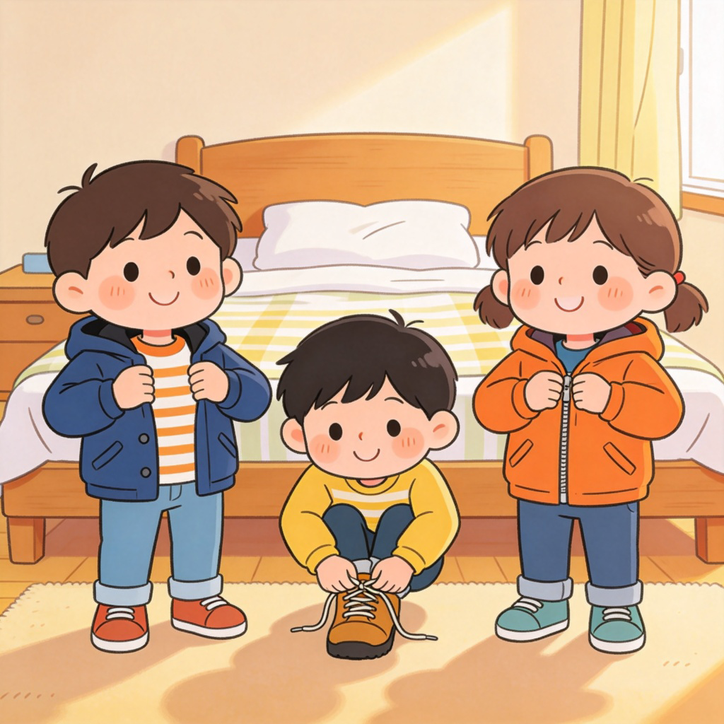Three happy children standing in a bedroom, each one is putting on their own jacket or shoes. They are smiling and focused on their own task, showing independence. Bright room with a tidy bed in the background. Cartoon style, clear and simple.
