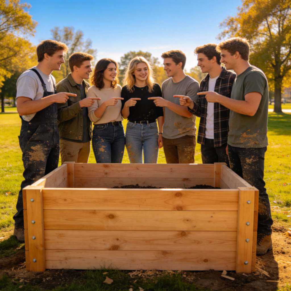 A small group of young adults standing proudly in front of a newly built wooden garden planter box. They are pointing at the planter and smiling at each other, clearly showing they are the ones who built it. Sunny day in a park. Photorealistic style.