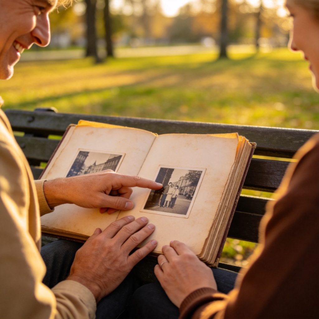 Two people sitting on a park bench, looking at an old photo album together. One person is pointing at a specific photo, smiling, as if reminiscing about a shared memory. Warm afternoon light, focus on the album and their hands. No text.