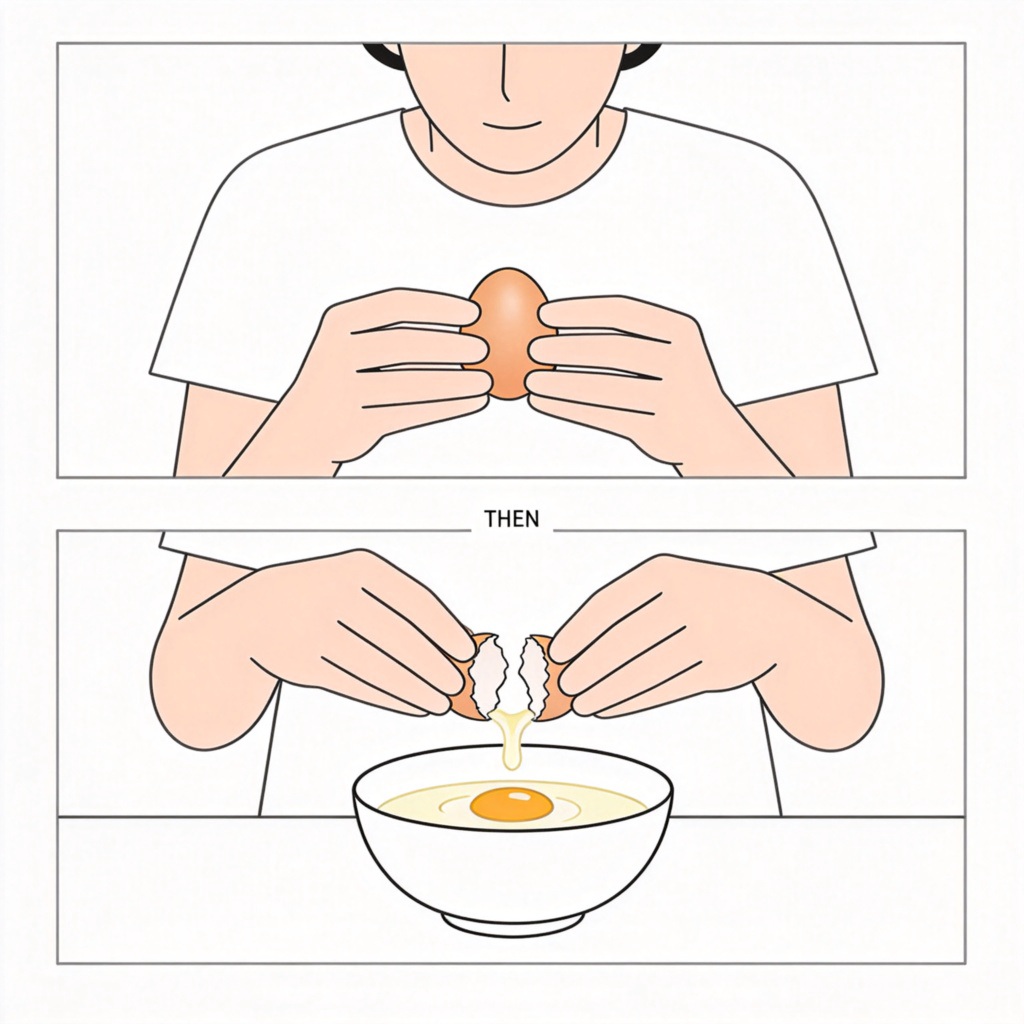 A step-by-step cooking diagram: Panel 1 shows a person holding an egg. Panel 2 (labeled "THEN") shows the same person cracking the egg into a bowl. Simple, clean illustration on a white background. No text besides the label "THEN".