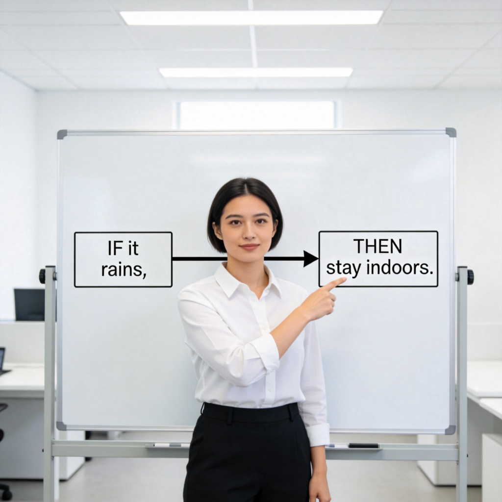 A person standing in front of a simple flowchart drawn on a whiteboard. The chart has two boxes: the first says "IF it rains," an arrow points to the second box which says "THEN stay indoors." The person is pointing at the second box. Clear, office environment. No text on the boxes besides the example.