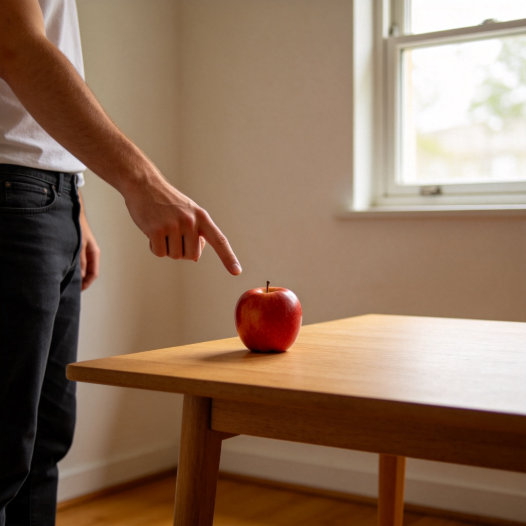 A person standing in a room, pointing a finger directly at a red apple resting on a wooden table a few feet away. The person's body language is clear, and the apple is the focal point. Daylight from a window, simple room background. No text.