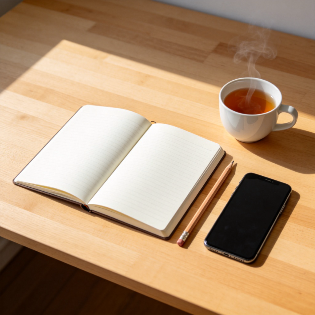 A top-down view of a simple wooden desk. On the desk, there is an open notebook, a pencil, a cup of tea, and a smartphone. The items are arranged neatly, clearly showing the concept of multiple things existing together on a surface. Clean, bright lighting. No text.