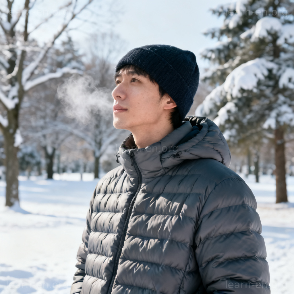 Thermal clothing illustrated: person in a puffy jacket in a snowy park scene.