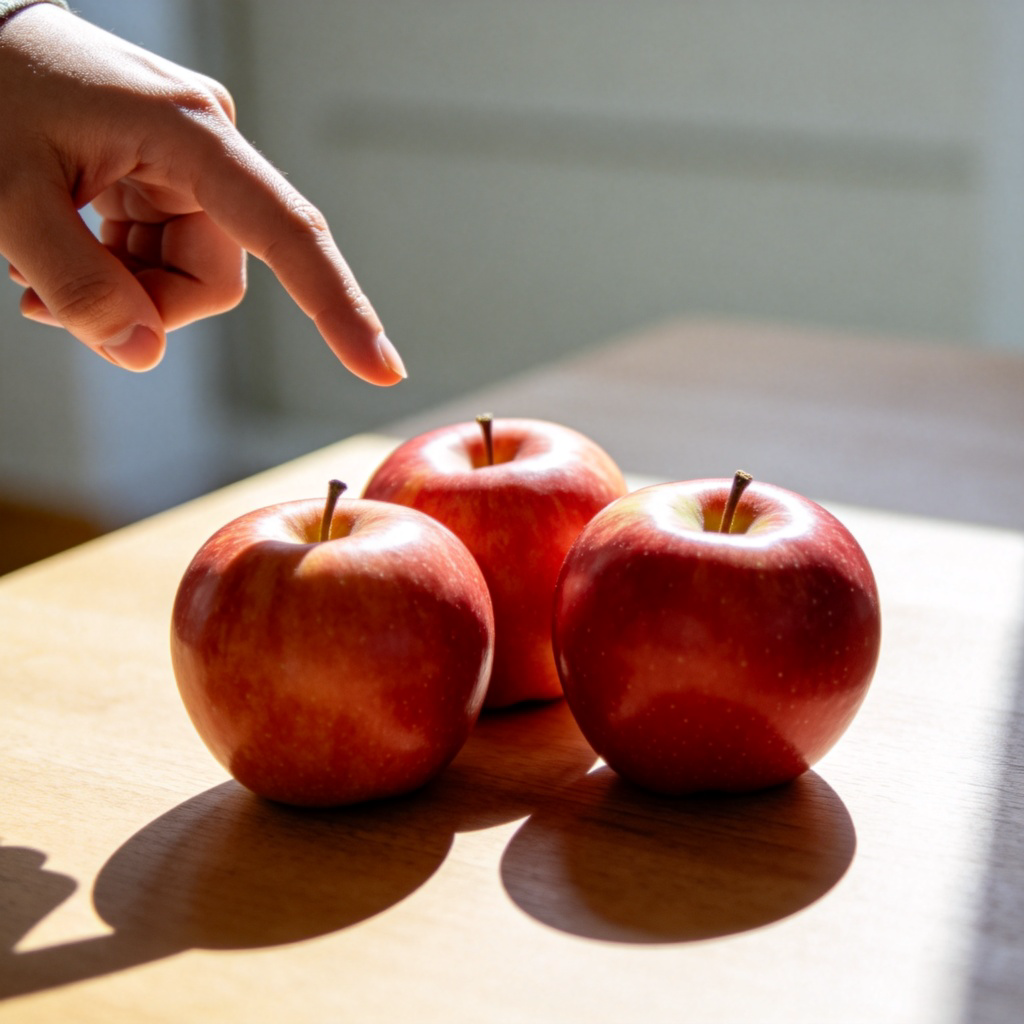 A person's hand with a pointing finger is extended towards the foreground, indicating three distinct red apples lying on a wooden table in front of them. The apples are the clear focus of the image, arranged closely together. The background is a simple, blurred neutral color. The lighting is bright and natural, creating clear shadows under the apples. No text or logos are visible.