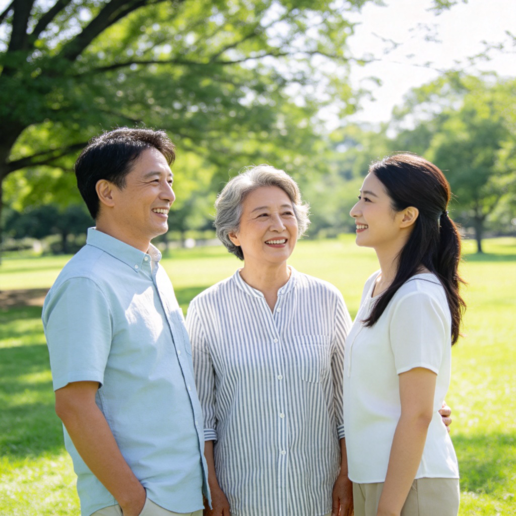 A group of three people of different ages and genders standing together in a park, smiling and chatting. They are looking at each other or at something in the distance. The focus is on the group as a whole, with a simple background of green grass and trees. Bright, clear daylight.