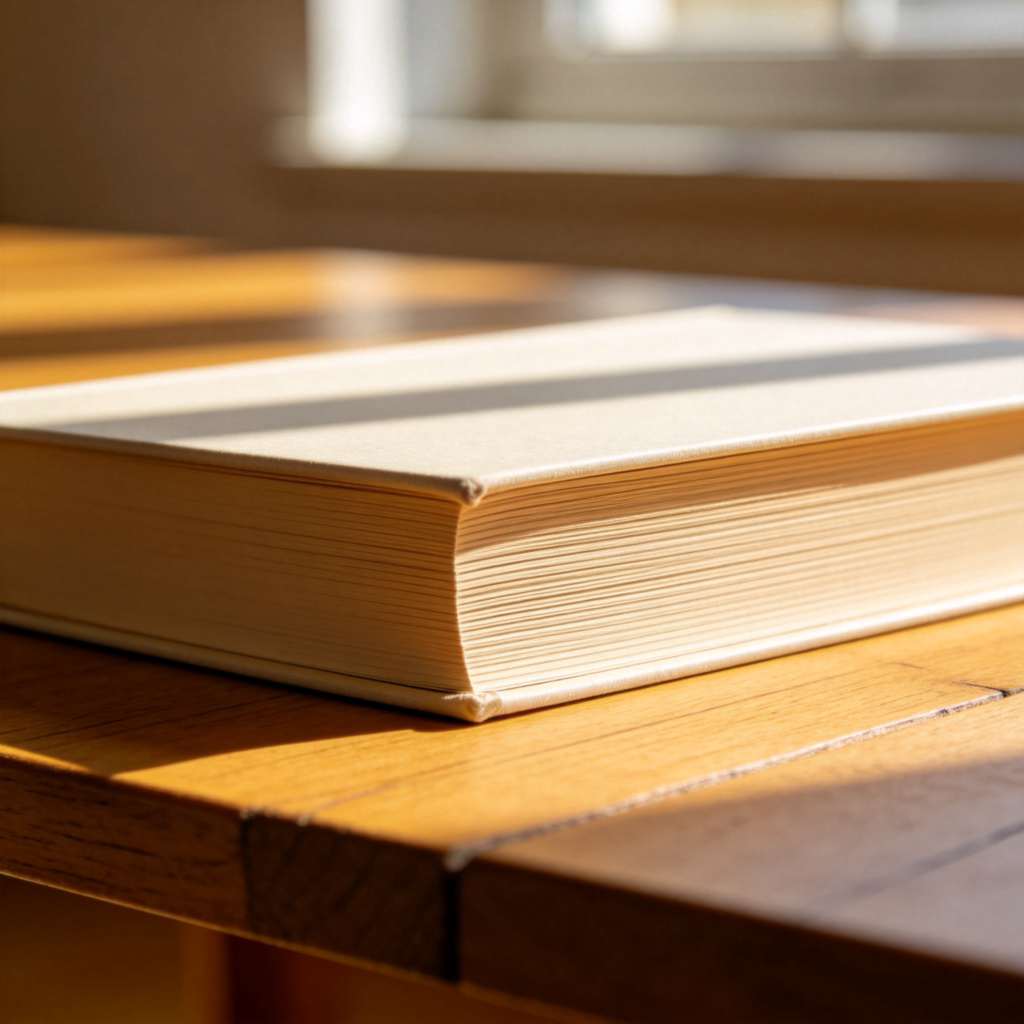 A close-up of a thick, hardcover book lying flat on a wooden table. The book's spine is visible, showing it has many pages. Natural lighting from a window, sharp focus on the book's thickness to emphasize the distance between covers. No text or distracting objects.