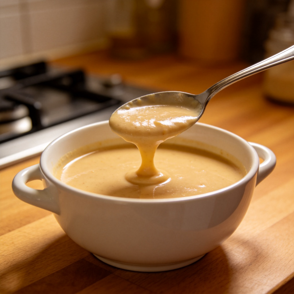 A bowl of thick, creamy soup on a kitchen counter, with a spoon dipped in it showing the dense texture that holds its shape. Warm overhead lighting, focus on the soup's consistency to highlight its viscosity. No text or other utensils in view.