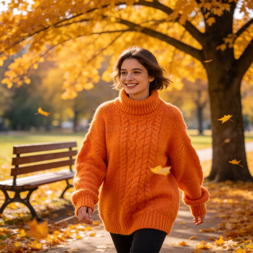 Thick Sweater 图解：穿着亮色厚毛衣的人在秋日公园微笑
