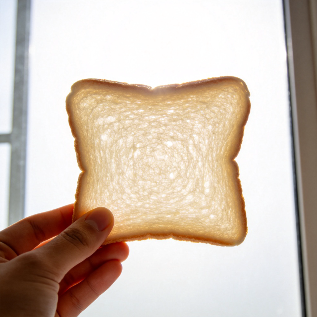 A close-up of a human hand holding a single, crisp slice of white bread. The slice is held up to a window, and sunlight clearly passes through it, showing its thinness. Focus is sharp on the bread's texture and the light passing through. Plain background.