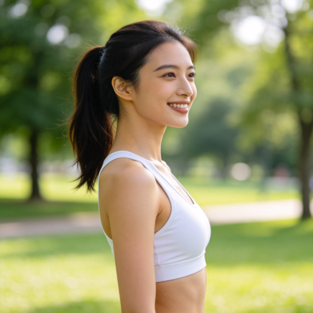 A side profile portrait of a healthy-looking, slender young woman in activewear, standing in a park. She is smiling, and her body shape shows a natural, lean physique. The background is a blurred green field, focusing attention on her figure.