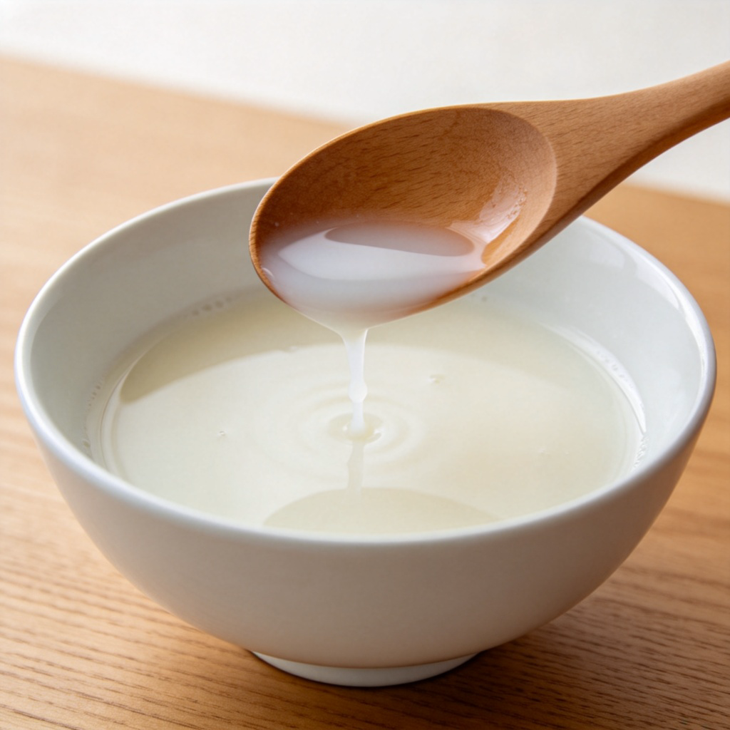 A wooden spoon is being lifted out of a white ceramic bowl filled with a pale, milky liquid (like very diluted paint or soup). Drips are falling from the spoon back into the bowl, showing the liquid's watery consistency. The background is a simple wooden table.