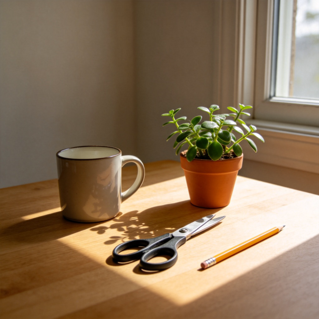 A clean, wooden tabletop with a simple, random assortment of everyday objects: a mug, a pair of scissors, a small potted plant, and a pencil. The items are not grouped together but placed naturally. Sunlight from a window casts soft shadows. No text or logos.