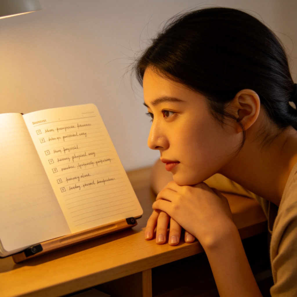 A person is sitting at a desk, looking thoughtfully at a notebook where a list is written. The list has simple headings like 'To Do', 'Ideas', and 'Plans'. Soft focus on the notebook page, showing it's about non-physical tasks and thoughts. Warm lighting. No text.