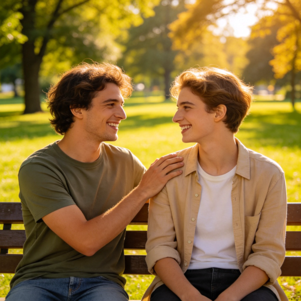 Two people are sitting on a park bench, smiling and talking. One person is patting the other's shoulder in a friendly, affectionate manner. The body language shows closeness and informal, caring interaction. Sunny day, green park background. No text.