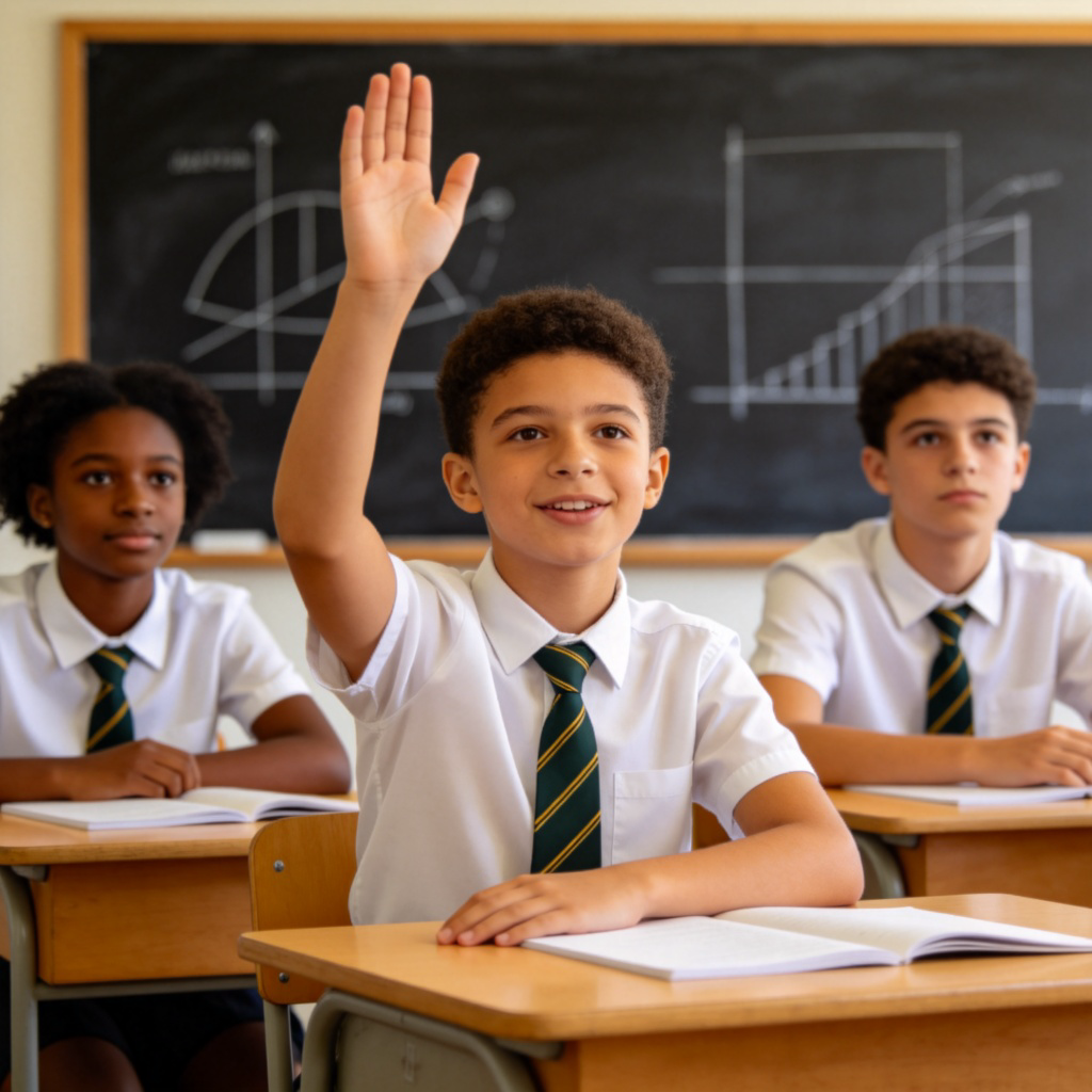 A group of three diverse students in a classroom, one student is raising a hand and speaking confidently, with a slight smile, as if expressing an opinion. The other two are listening attentively. In the background, a blackboard has simple diagrams on it.