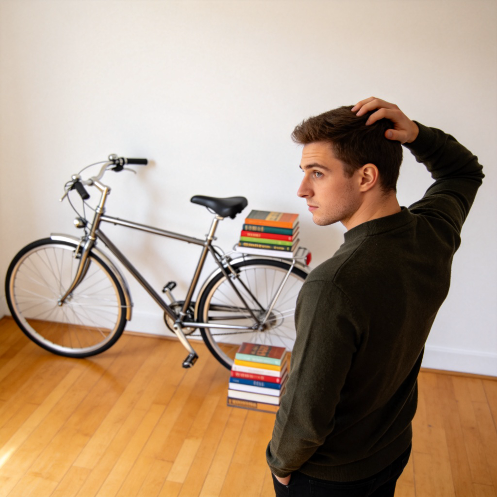 A person standing in front of two different items, like a bicycle and a set of books, looking back and forth between them with a slightly indecisive but focused expression. They are gently scratching their head. The setting is a clean, well-lit room. This shows someone weighing options before making a choice.